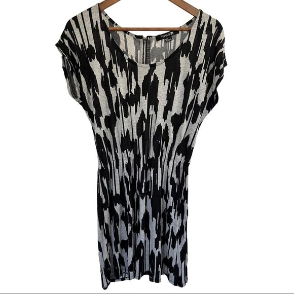 Y2K Black + Gray Abstract Soft Flowy Dress w/ Zip Back Cinched Waist Size Medium - Picture 1 of 16